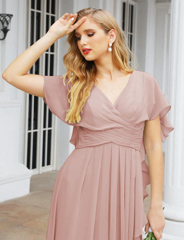 Numbersea Chiffon Bridesmaid Dresses Long Formal Evening Prom Mother of The Bride Dress with Flutter Sleeve     SEA28040