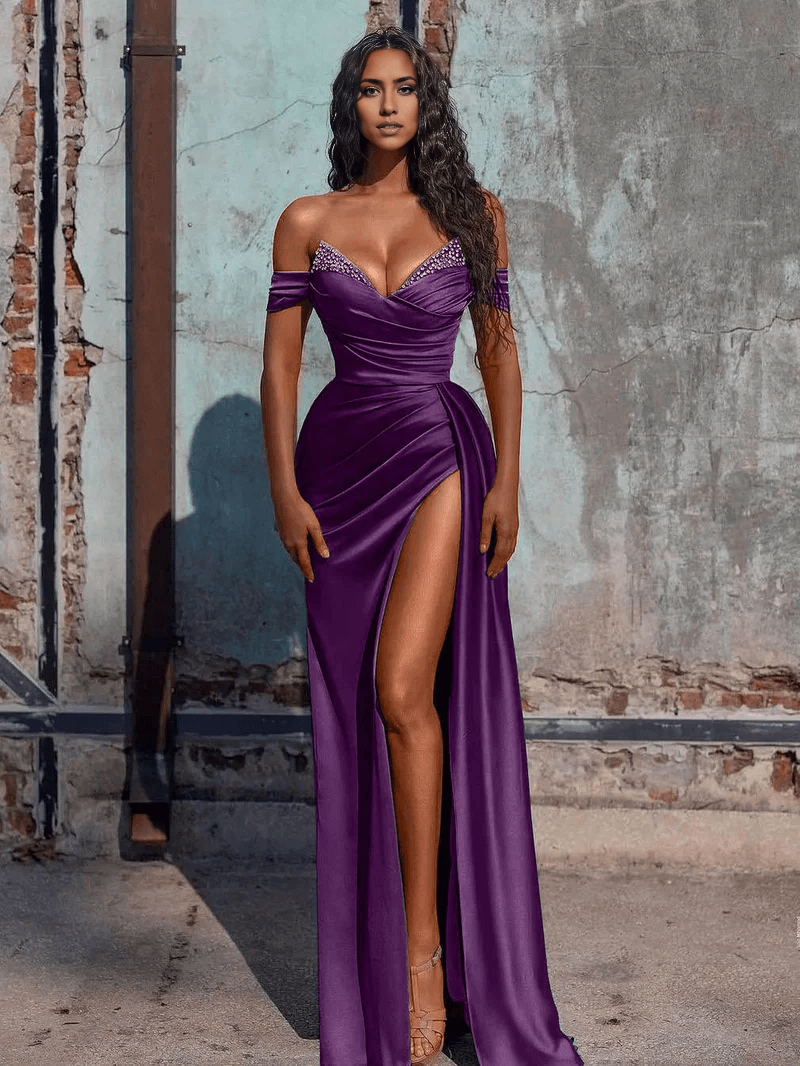 Vestido de fiesta sirena de satén largo con abertura