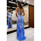 Vestido de fiesta largo de encaje sirena azul brillante con abertura