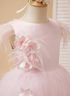 Vestido de princesa sin mangas de tul para niña de las flores con cuentas y lazo de plumas (010224704) 