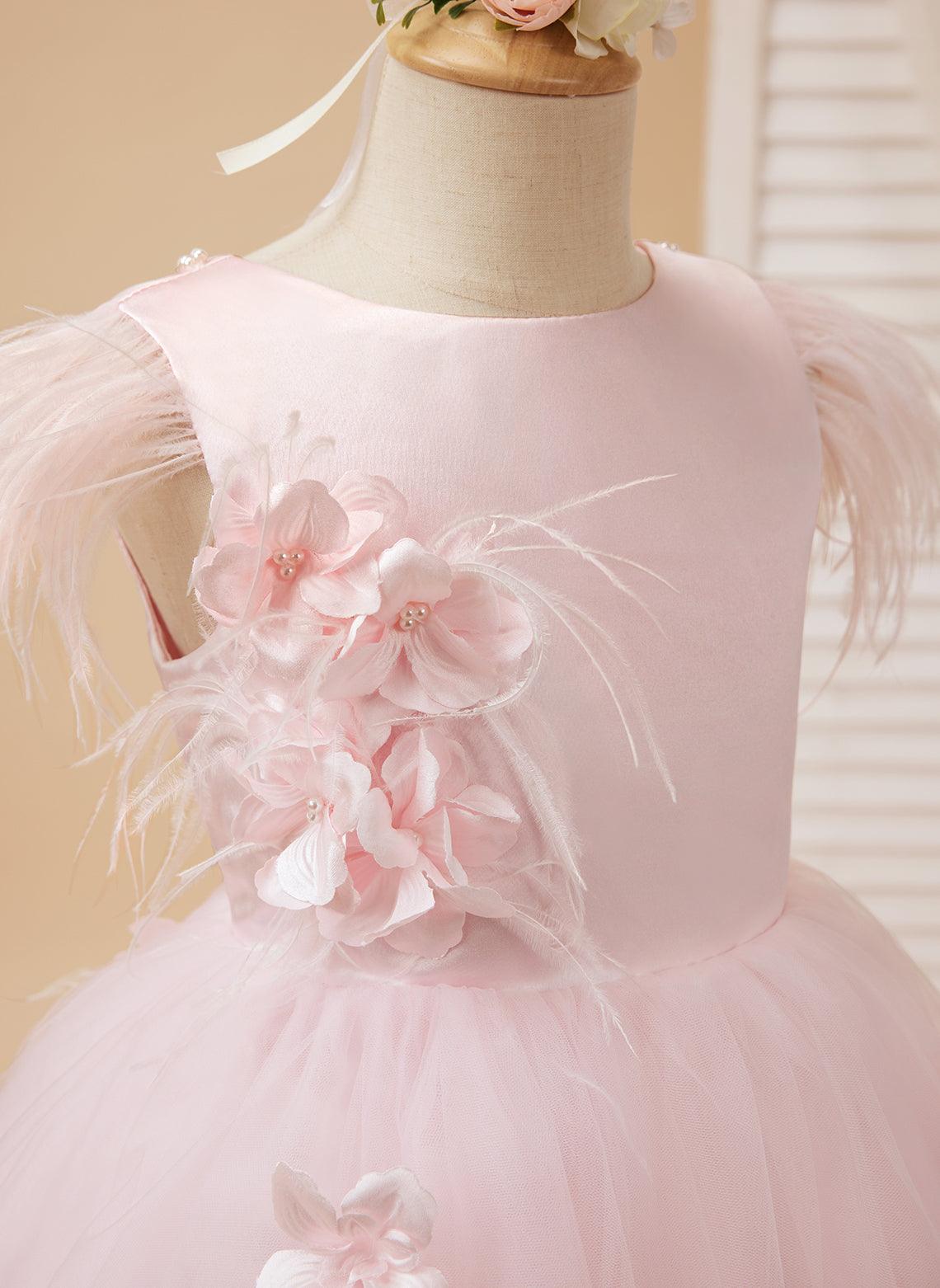 Vestido de princesa sin mangas de tul para niña de las flores con cuentas y lazo de plumas (010224704) 