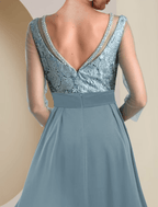 Two Piece Sheath / Column Mother of the Bride Dress Formal Wedding Guest Vintage Elegant Jewel Neck Tea Length Knee Length Chiffon Lace 3/4 Length Sleeve with Beading Appliques