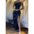 Vestido largo negro de fiesta de graduación con abertura y lentejuelas sin tirantes 