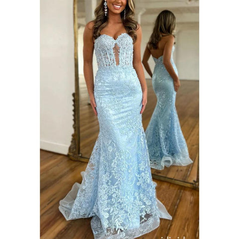 Sweetheart Strapless Trumpet Lace Applique Party Prom Evening Dress