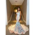 Vestido formal de noche de graduación con apliques de lentejuelas y encaje con escote en V y corte trompeta/sirena