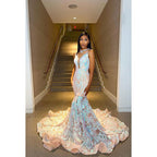 Vestido formal de noche de graduación con apliques de lentejuelas y encaje con escote en V y corte trompeta/sirena