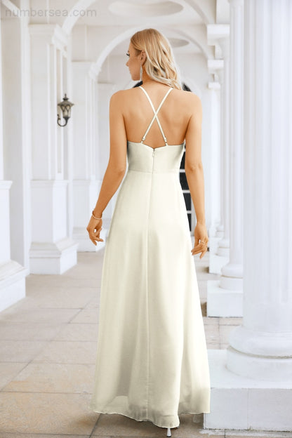 Ladies Chiffon Spaghetti Strap V Neck Front Slit Floor Length Bridesmaid Evening Dress Prom Party Wedding Evening Dress 28116-numbersea