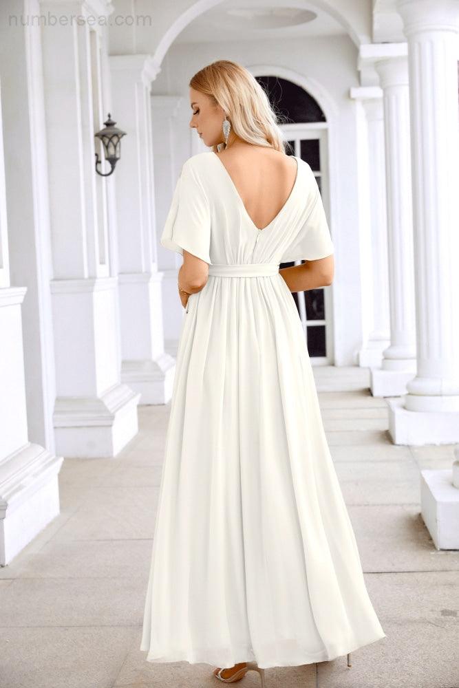 Ladies Chiffon Sleeve Crew Neck Front Slit Floor Length Bridesmaid Evening Dress Wedding Party Evening Dress 28124-numbersea