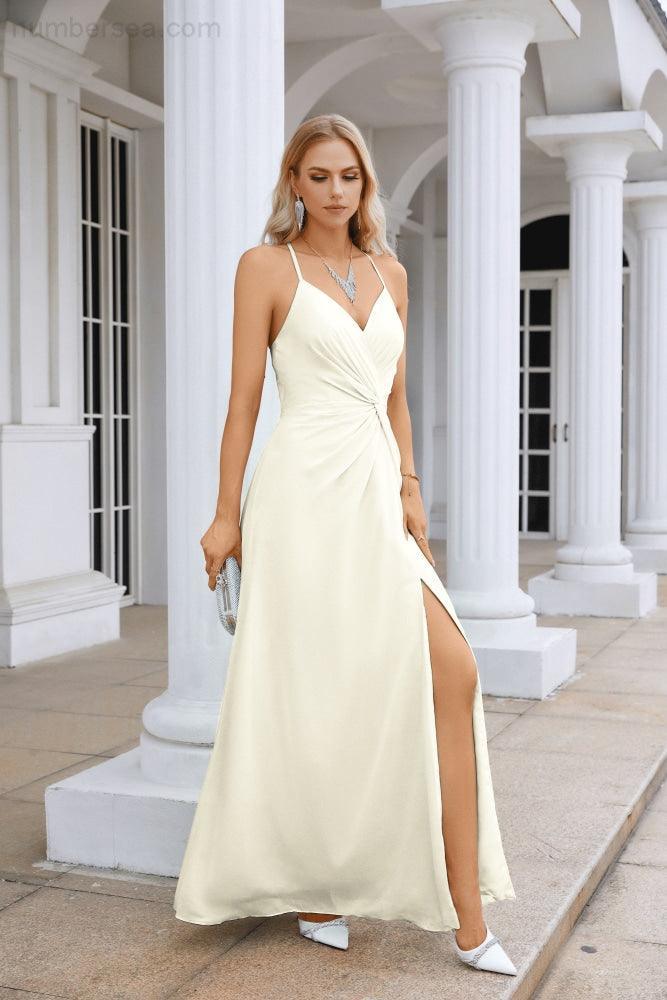 Ladies Chiffon Spaghetti Strap V Neck Front Slit Floor Length Bridesmaid Evening Dress Prom Party Wedding Evening Dress 28116-numbersea