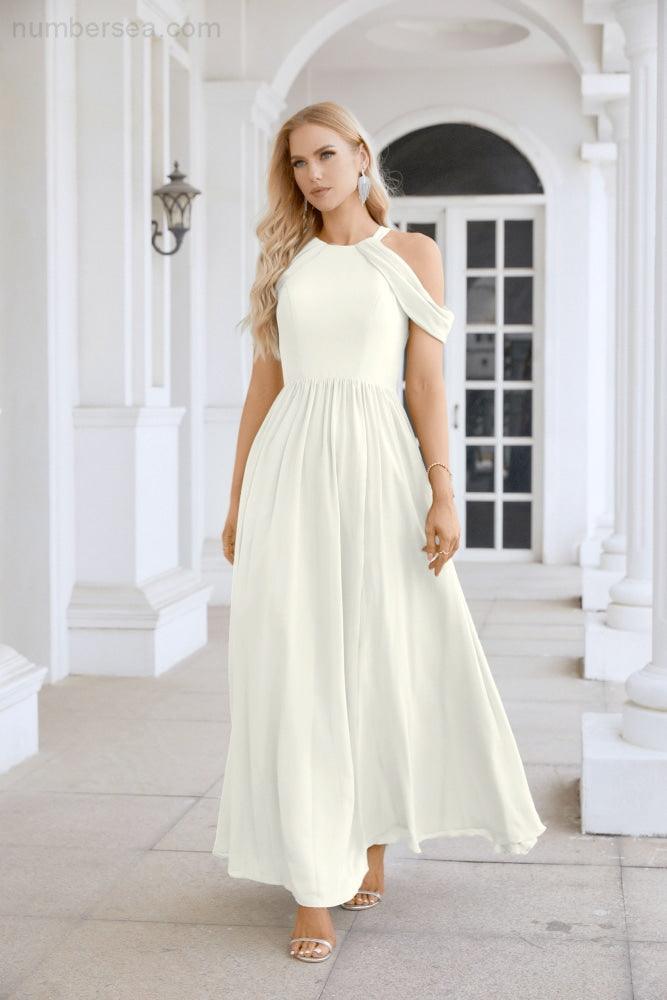 Ladies Chiffon Off Shoulder Swing Sleeve Front Slit Bridesmaid Evening Dress Wedding Party Evening Dress 28117-numbersea