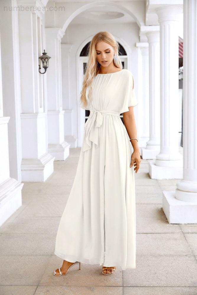 Ladies Chiffon Sleeve Crew Neck Front Slit Floor Length Bridesmaid Evening Dress Wedding Party Evening Dress 28124-numbersea