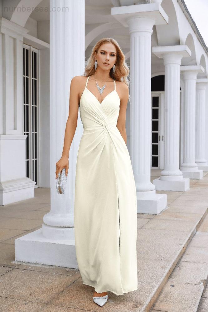 Ladies Chiffon Spaghetti Strap V Neck Front Slit Floor Length Bridesmaid Evening Dress Prom Party Wedding Evening Dress 28116-numbersea