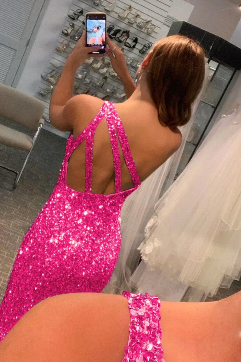 Vestido de fiesta largo con lentejuelas negras brillantes y abertura