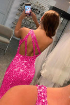 Vestido de fiesta largo con lentejuelas negras brillantes y abertura