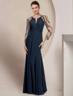 heath / Column Mother of the Bride Dress Wedding Guest Vintage Elegant V Neck Floor Length Chiffon Long Sleeve with Pleats Sequin