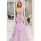 Glamouröses und dramatisches schulterfreies ärmelloses Party-Ballkleid im Meerjungfrauen-Stil mit Applikationen