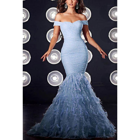 NumberSea-Sparkle Off-Shoulder Ruched Sequins Feathers Mermaid Long Prom  Evening Dress