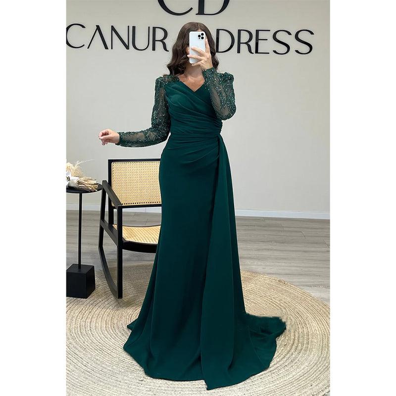 Vestido de fiesta largo con escote en V, pliegues y cuentas, ilusión, brillante, vestido formal 