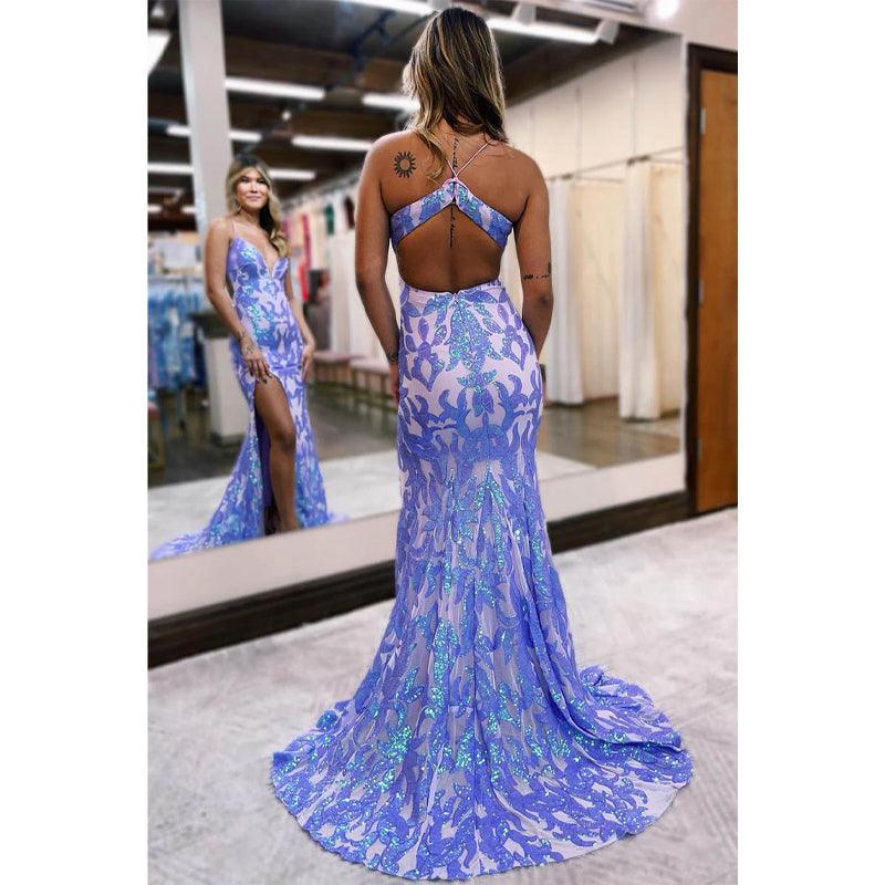 Vestido de fiesta de sirena con escote en V pronunciado y apliques de lentejuelas y abertura