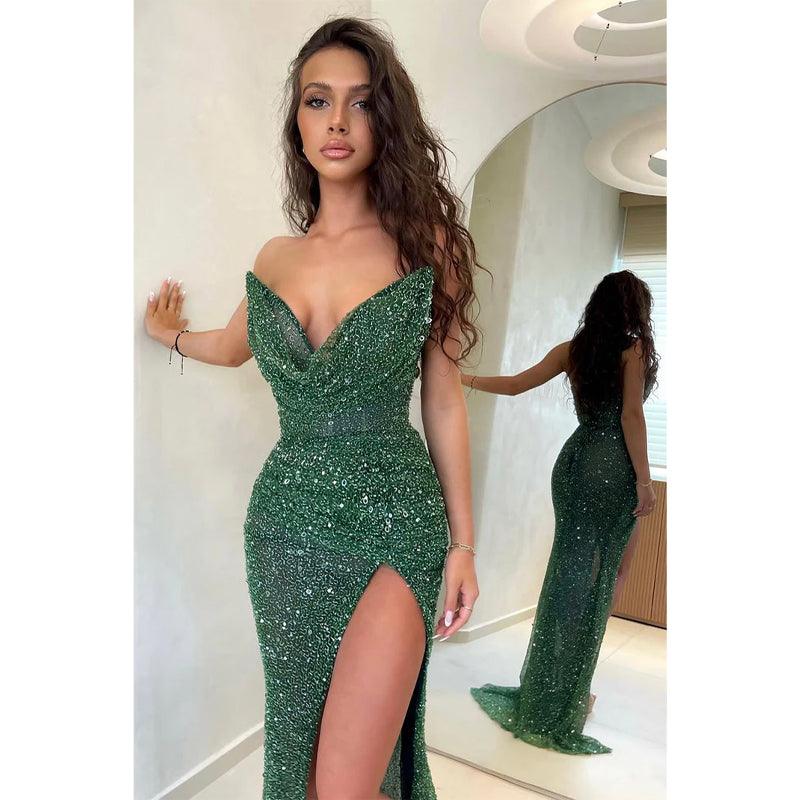 Vestido de fiesta de sirena verde oscuro con escote en V y abertura, sexy 