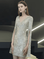 Sheath / Column Sparkle Elegant Homecoming Cocktail Party Dress V Neck Long Sleeve Short / Mini Sequined with Sequin Slit