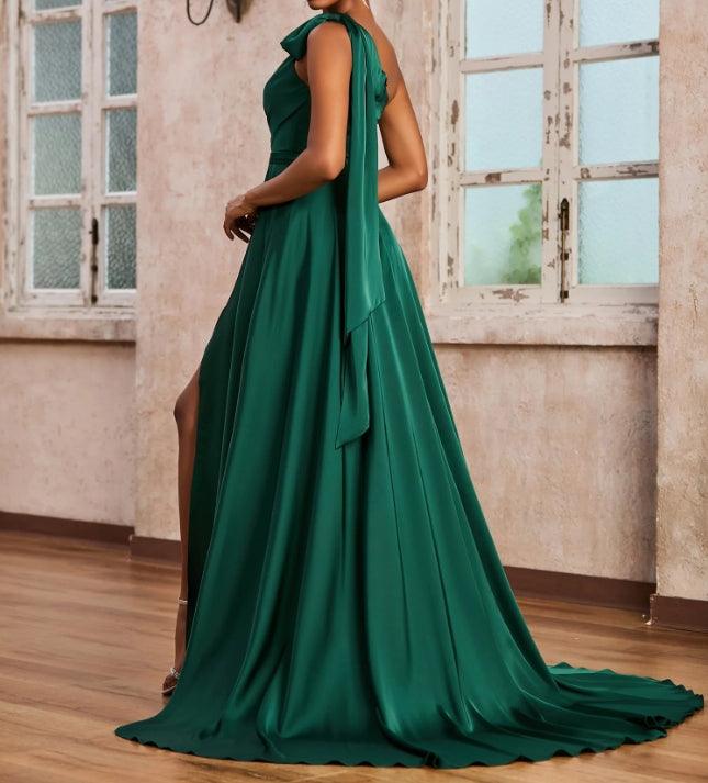Abendkleid Einschultriges gerüschtes A-Linien-Kleid mit langen Bändern