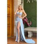 Sweetheart Strapless Beaded Ruched Satin Sheath Long Prom Evening Dress