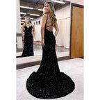 Vestido de fiesta de sirena con tirantes, lentejuelas, escote en V, espalda descubierta y sexy
