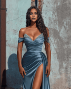 Vestido de fiesta sirena de satén largo con abertura