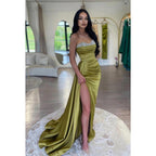 Sweetheart Strapless Beaded Ruched Satin Sheath Long Evening Prom Dress