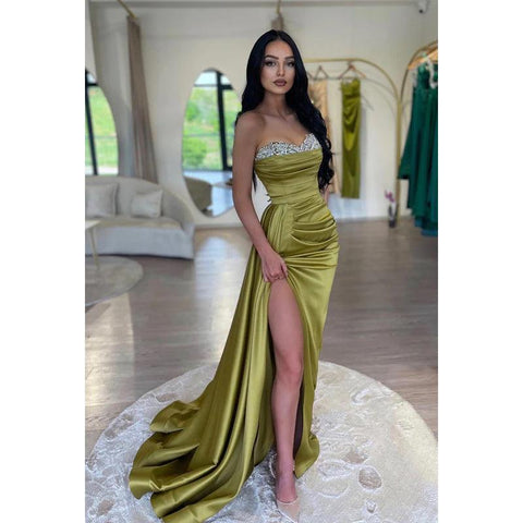 Sweetheart Strapless Beaded Ruched Satin Sheath Long Evening Prom Dress