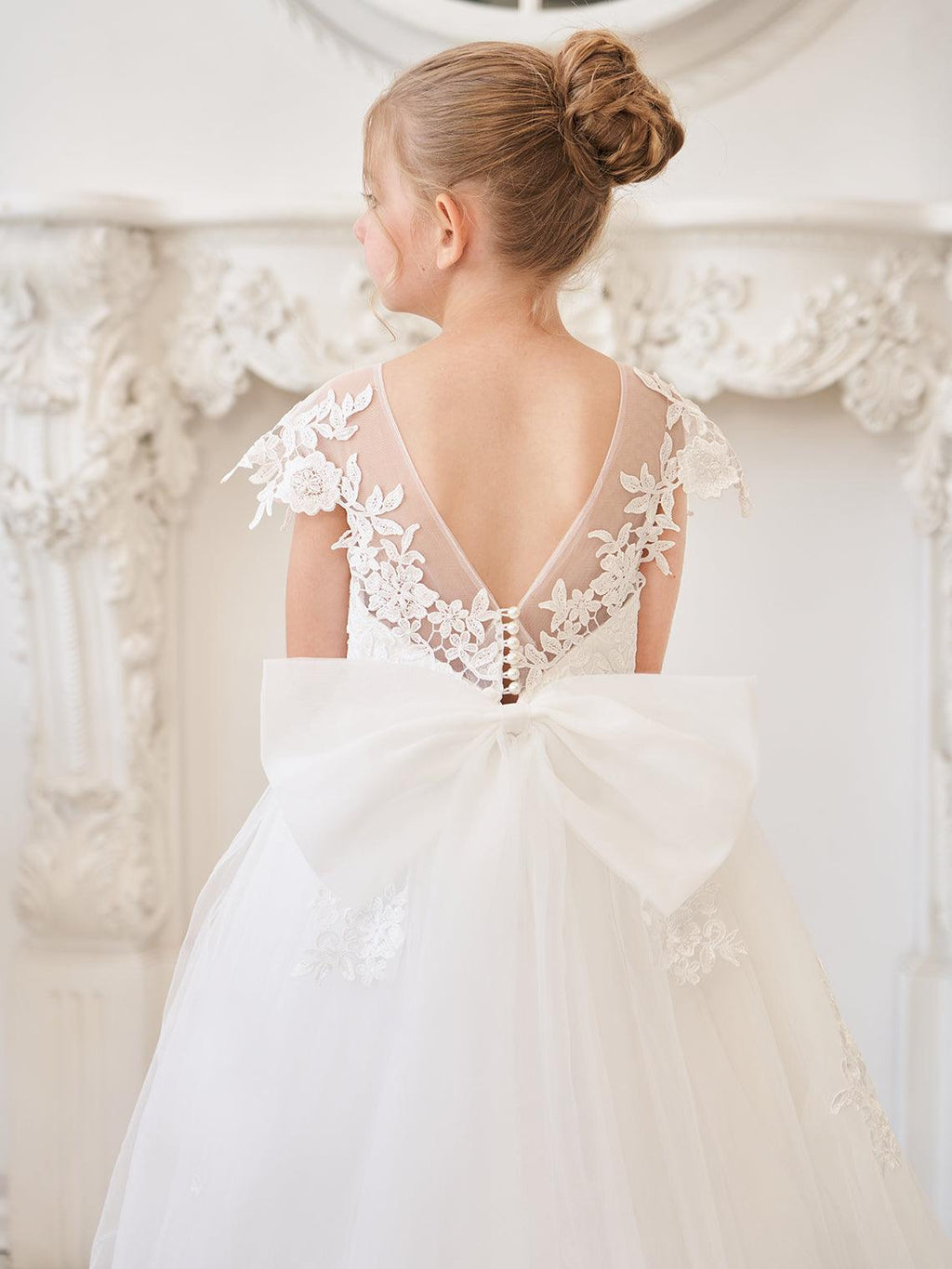 Vestido de princesa para primera comunión de niña de las flores, color marfil, con cola desmontable 