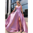 Vestido de fiesta de graduación de satén elástico rosa con escote en V pronunciado y abertura 