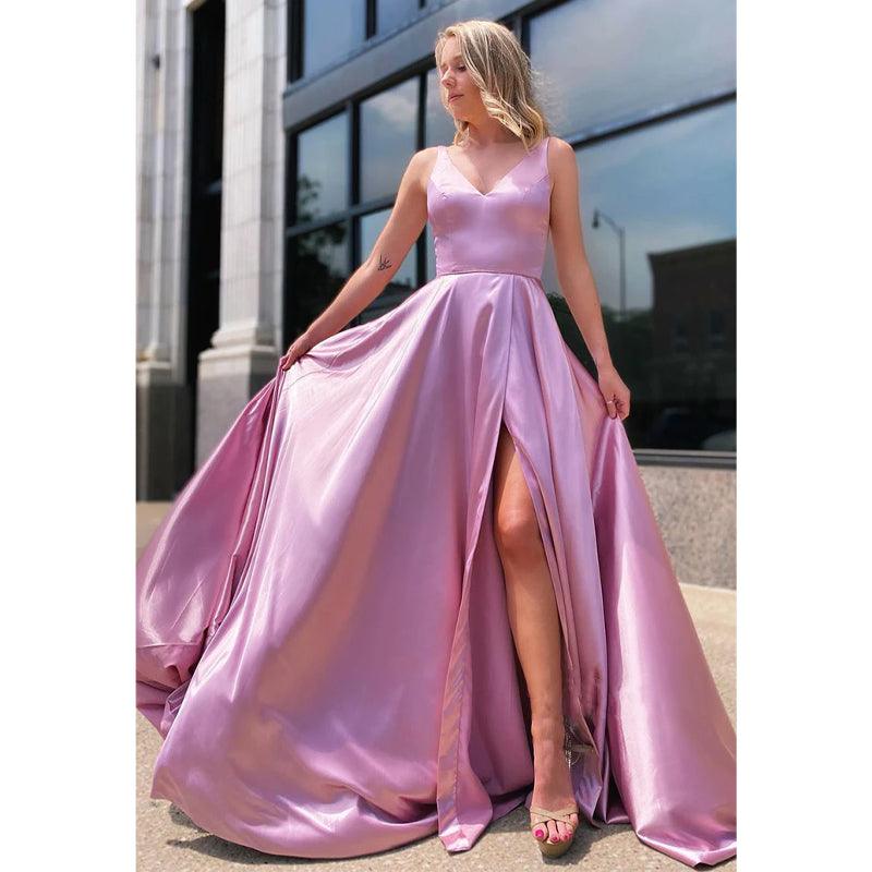 Vestido de fiesta de graduación de satén elástico rosa con escote en V pronunciado y abertura 