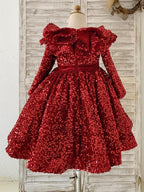 Vestido de niña burdeos hasta la rodilla de terciopelo con lentejuelas 