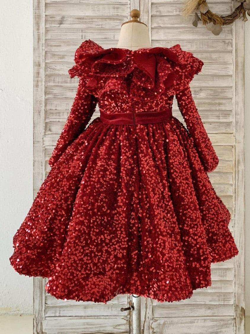 Vestido de niña burdeos hasta la rodilla de terciopelo con lentejuelas 