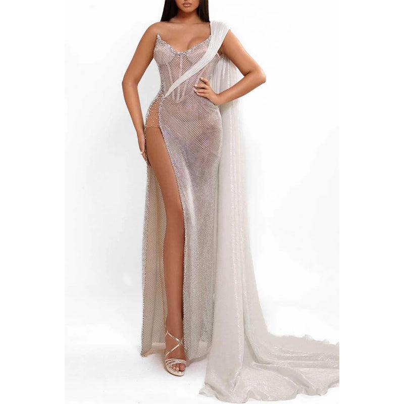 Vestido de fiesta de graduación de noche, transparente, ajustado, de un solo hombro y con abertura alta 