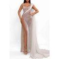 Vestido de fiesta de graduación de noche, transparente, ajustado, de un solo hombro y con abertura alta 