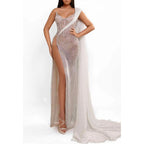 Vestido de fiesta de graduación de noche, transparente, ajustado, de un solo hombro y con abertura alta 