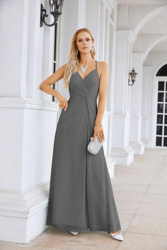 Ladies Chiffon Spaghetti Strap V Neck Front Slit Floor Length Bridesmaid Evening Dress Prom Party Wedding Evening Dress 28116-numbersea
