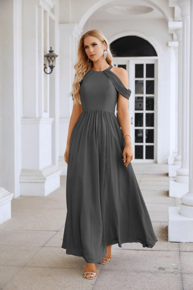 Ladies Chiffon Off Shoulder Swing Sleeve Front Slit Bridesmaid Evening Dress Wedding Party Evening Dress 28117-numbersea