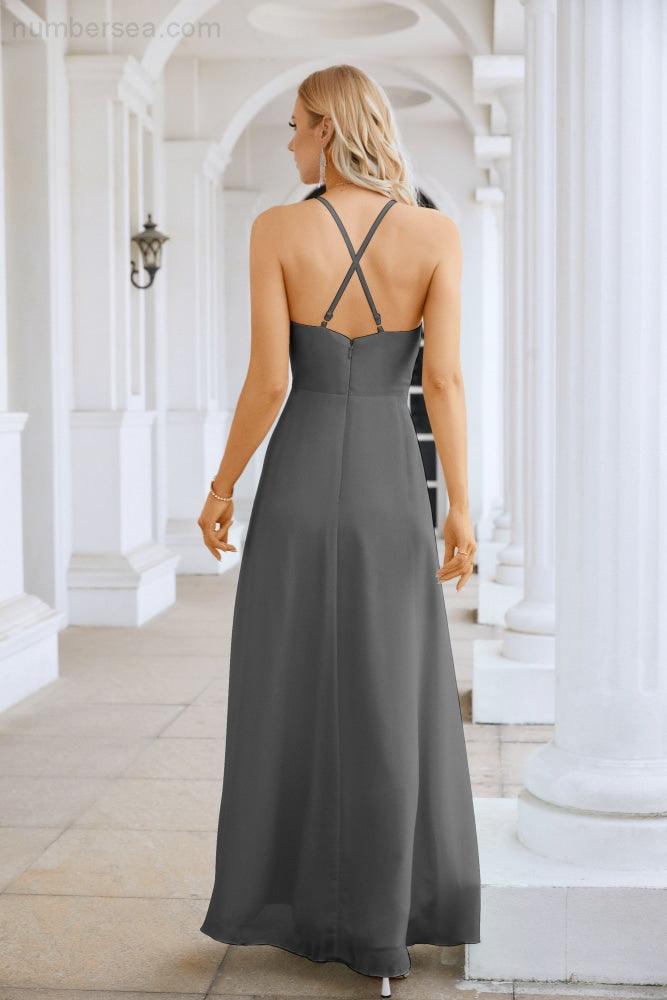Ladies Chiffon Spaghetti Strap V Neck Front Slit Floor Length Bridesmaid Evening Dress Prom Party Wedding Evening Dress 28116-numbersea