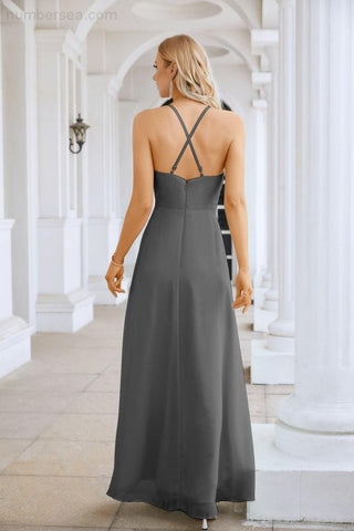 Ladies Chiffon Spaghetti Strap V Neck Front Slit Floor Length Bridesmaid Evening Dress Prom Party Wedding Evening Dress 28116-numbersea