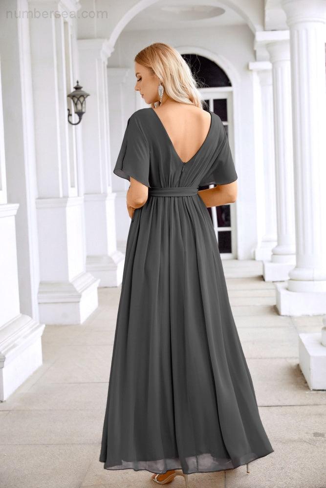 Ladies Chiffon Sleeve Crew Neck Front Slit Floor Length Bridesmaid Evening Dress Wedding Party Evening Dress 28124-numbersea