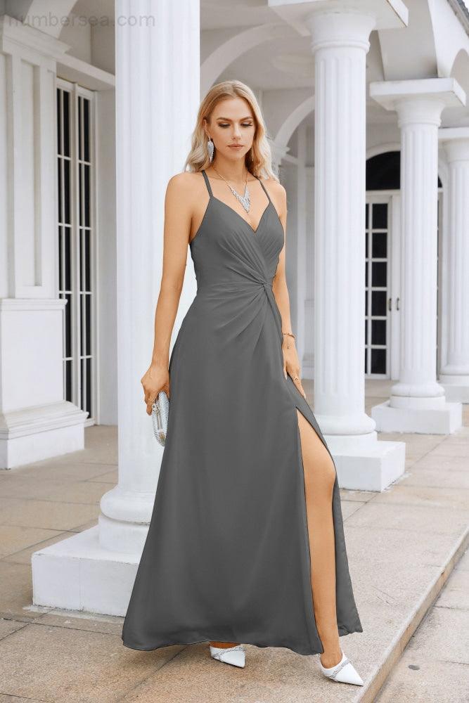 Ladies Chiffon Spaghetti Strap V Neck Front Slit Floor Length Bridesmaid Evening Dress Prom Party Wedding Evening Dress 28116-numbersea