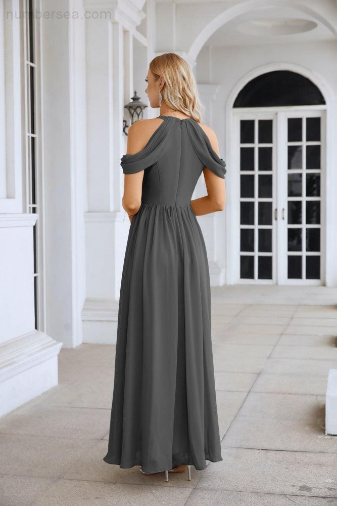 Ladies Chiffon Off Shoulder Swing Sleeve Front Slit Bridesmaid Evening Dress Wedding Party Evening Dress 28117-numbersea