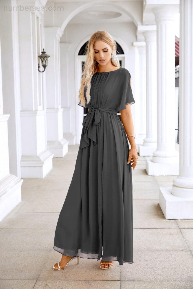 Ladies Chiffon Sleeve Crew Neck Front Slit Floor Length Bridesmaid Evening Dress Wedding Party Evening Dress 28124-numbersea
