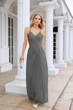 Ladies Chiffon Spaghetti Strap V Neck Front Slit Floor Length Bridesmaid Evening Dress Prom Party Wedding Evening Dress 28116-numbersea