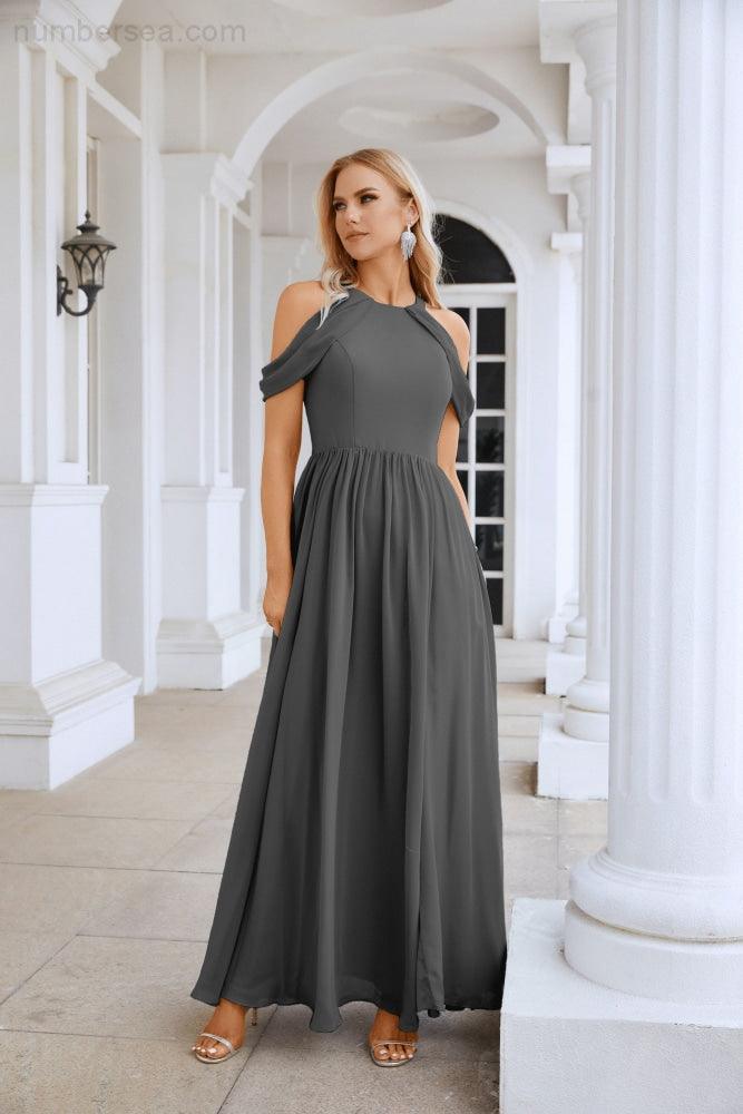 Ladies Chiffon Off Shoulder Swing Sleeve Front Slit Bridesmaid Evening Dress Wedding Party Evening Dress 28117-numbersea