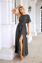 Ladies Chiffon Sleeve Crew Neck Front Slit Floor Length Bridesmaid Evening Dress Wedding Party Evening Dress 28124-numbersea